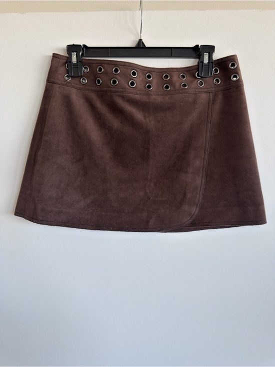 BCBGMaxAzria Dresses & Skirts - BCBGMAXAZRIA Chocolate Brown Faux Suede Grommet Wrap Mini Skirt Size S